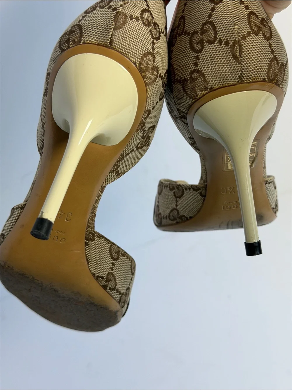 Gucci GG Canvas Hollywood Horsebit D'Orsay Peep Toe Heels Size 34.5